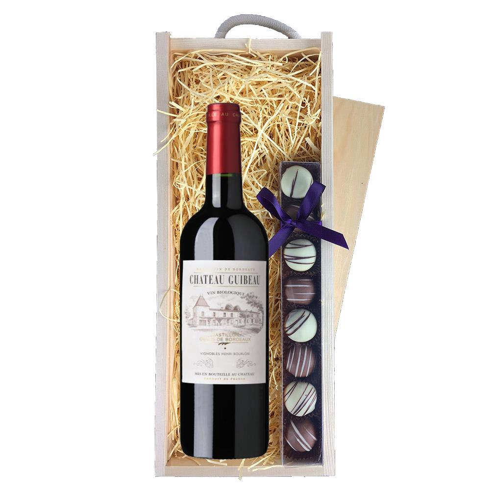 Chateau Guibeau Bordeaux Wine 75cl & Heart Truffles, Wooden Box